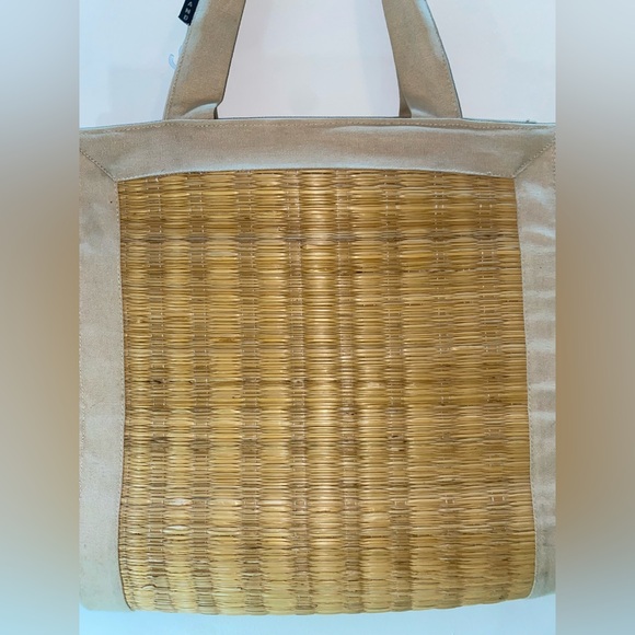 Sun N’ Sand Large Tan Woven Straw / Tissu Tote Bag / Beach bag sunnsand - Picture 11 of 16